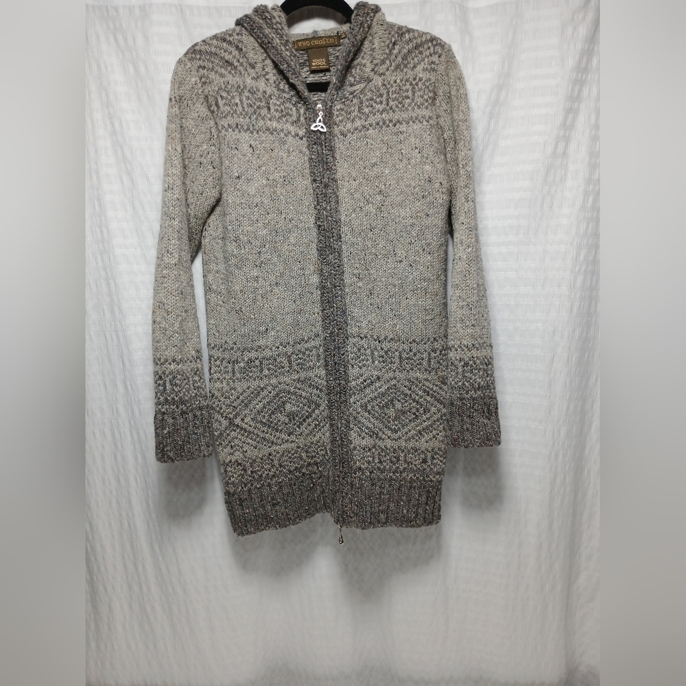 Inis Craft 100% Wool Made In Ireland Fullzip Hooded Sweater Jacket. Ladies M
